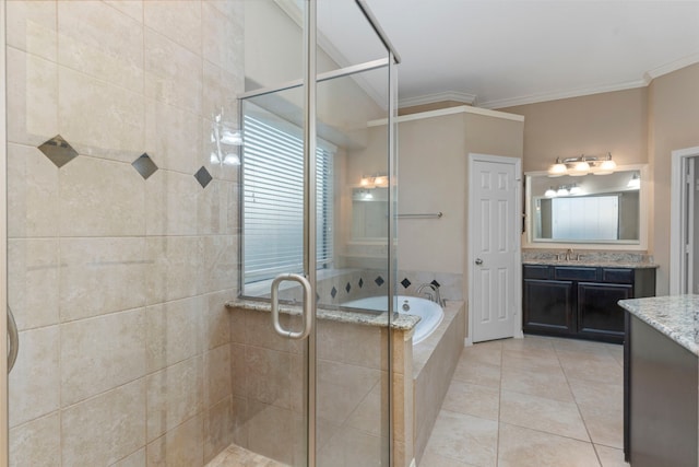 bathroom with tile flooring, vanity, separate shower and tub, and crown molding