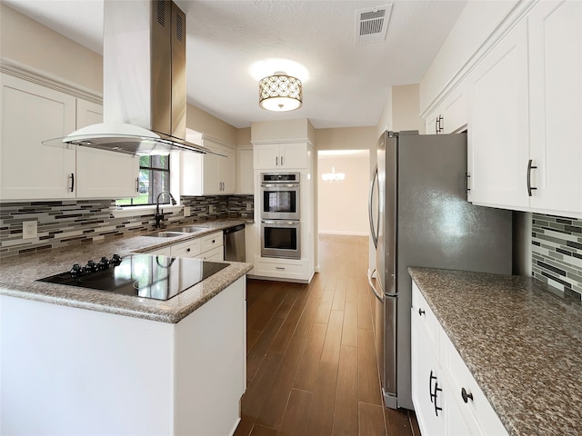 kitchen featuring backsplash, sink, and island range hood