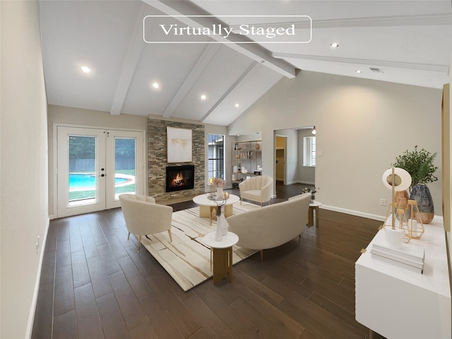 living room with high vaulted ceiling, dark hardwood / wood-style floors, beam ceiling, and a fireplace