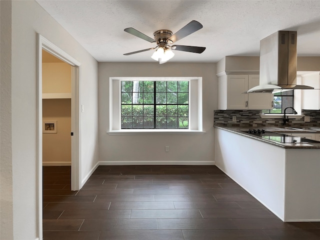 kitchen with ceiling fan, tasteful backsplash, white cabinets, sink, and island exhaust hood