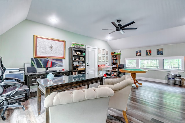 office space with hardwood / wood-style floors, lofted ceiling, and ceiling fan