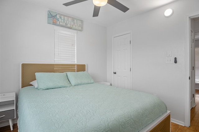 bedroom featuring hardwood / wood-style flooring and ceiling fan