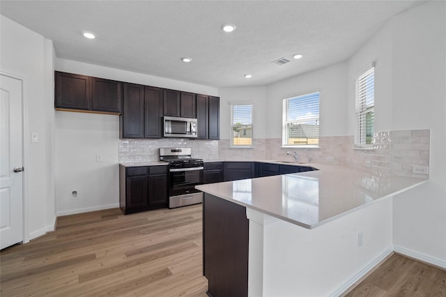 kitchen with backsplash, kitchen peninsula, light hardwood / wood-style floors, dark brown cabinetry, and stainless steel appliances