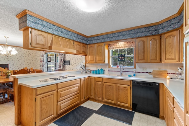 kitchen with a notable chandelier, dishwasher, kitchen peninsula, and light tile floors