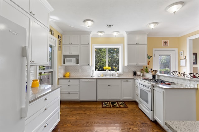 kitchen featuring tasteful backsplash, dark hardwood / wood-style floors, a healthy amount of sunlight, and white appliances