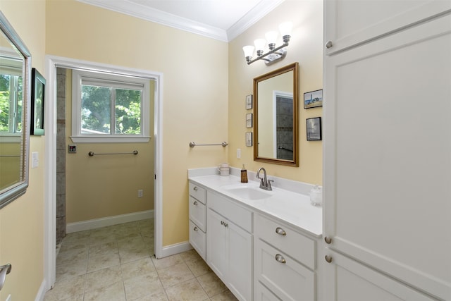 bathroom featuring ornamental molding, oversized vanity, and tile flooring