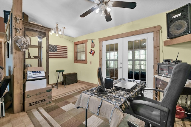 interior space with vaulted ceiling, french doors, ceiling fan, and parquet floors