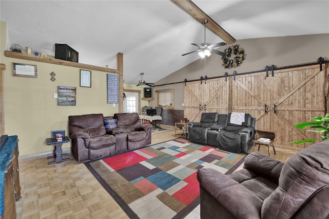 living room featuring vaulted ceiling with beams, a barn door, ceiling fan, and parquet floors