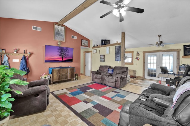 living room with ceiling fan, french doors, lofted ceiling with beams, and light parquet floors