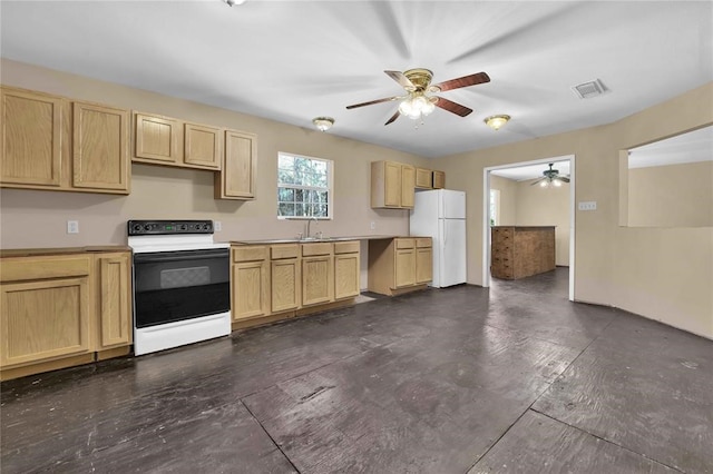 kitchen with light brown cabinets, ceiling fan, white appliances, and sink