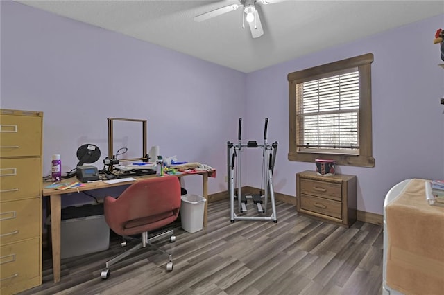 home office featuring ceiling fan and hardwood / wood-style floors