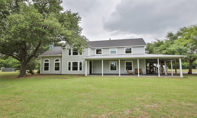 back of house with covered porch and a yard