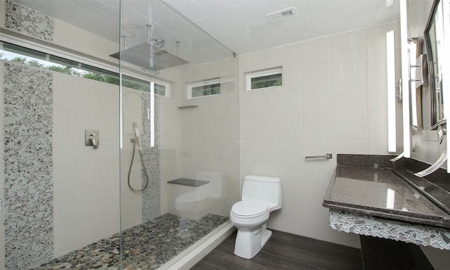 bathroom with an enclosed shower, wood-type flooring, vanity, and toilet