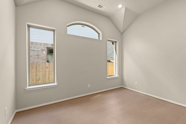 empty room with light hardwood / wood-style floors, vaulted ceiling, and a wealth of natural light