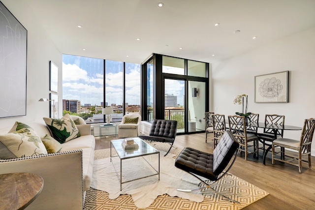 living room with floor to ceiling windows and light hardwood / wood-style floors