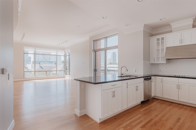 kitchen with kitchen peninsula, backsplash, light hardwood / wood-style flooring, white cabinetry, and sink