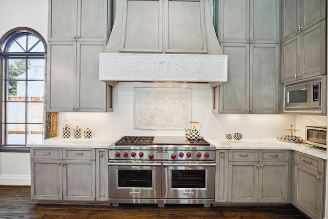 kitchen featuring tasteful backsplash, custom exhaust hood, stainless steel appliances, and dark hardwood / wood-style floors