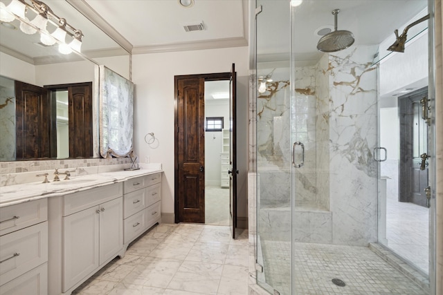 bathroom featuring oversized vanity, backsplash, walk in shower, tile flooring, and ornamental molding