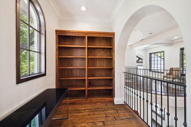 corridor featuring plenty of natural light, dark hardwood / wood-style flooring, and crown molding