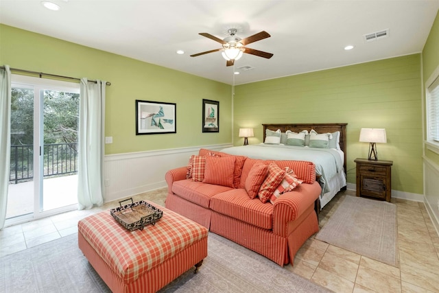 bedroom featuring ceiling fan, access to outside, and tile flooring