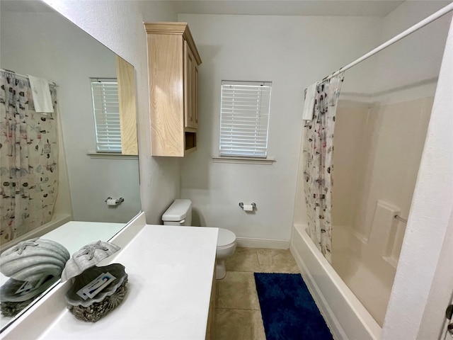 full bathroom with shower / bathtub combination with curtain, toilet, tile flooring, and oversized vanity