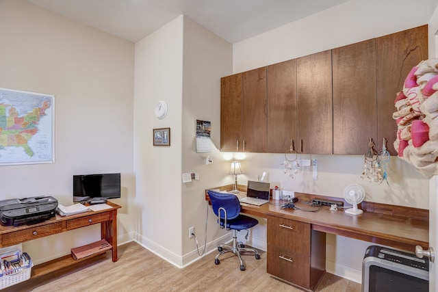 office featuring light wood-type flooring and built in desk