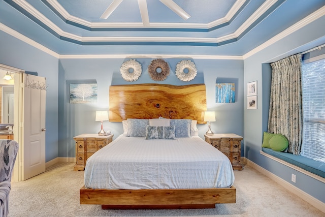 bedroom with a raised ceiling, light carpet, and crown molding