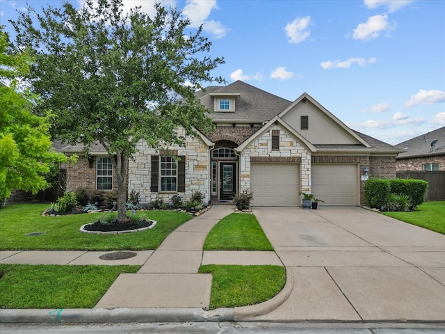 view of front of house with a front yard and a garage