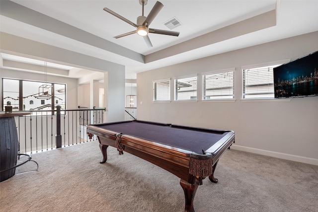 playroom with ceiling fan, carpet flooring, a tray ceiling, and billiards