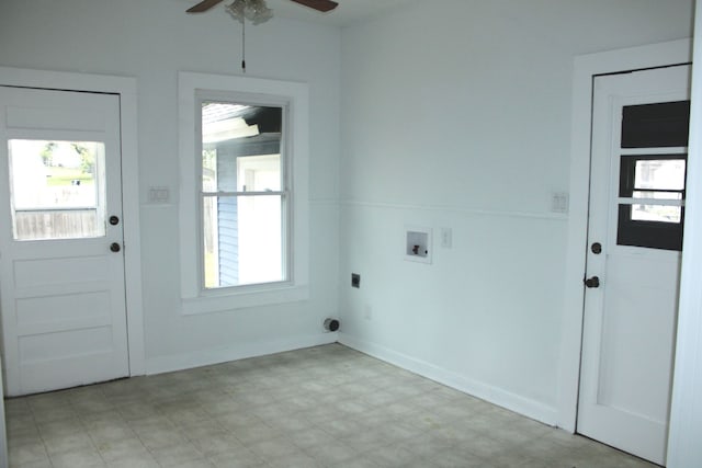 laundry room with hookup for a washing machine, ceiling fan, and hookup for an electric dryer