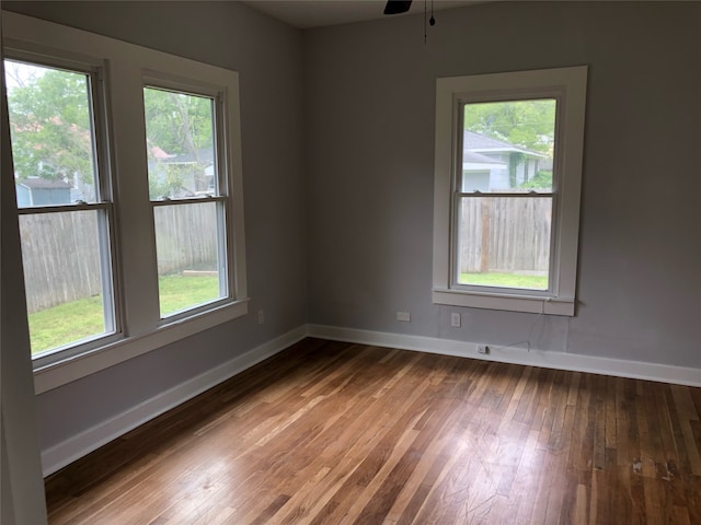 spare room featuring ceiling fan and dark hardwood / wood-style floors