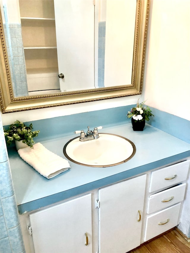 bathroom with wood-type flooring and vanity