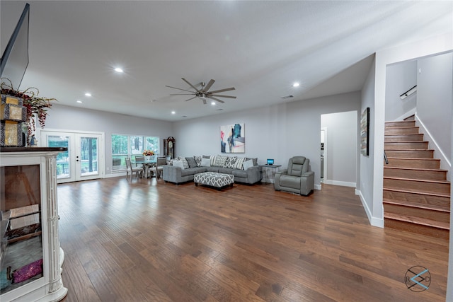 living room featuring french doors, ceiling fan, and dark hardwood / wood-style floors