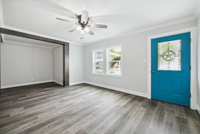 foyer entrance featuring ceiling fan, dark hardwood / wood-style floors, and ornamental molding