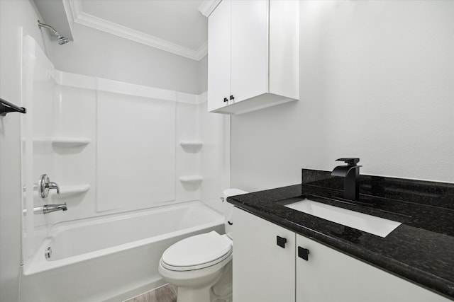 full bathroom featuring bathtub / shower combination, toilet, wood-type flooring, vanity, and ornamental molding