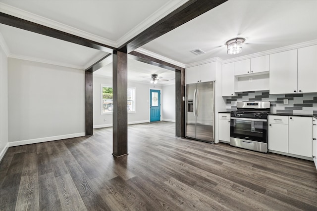 kitchen featuring dark hardwood / wood-style flooring, stainless steel appliances, ceiling fan, white cabinetry, and custom exhaust hood