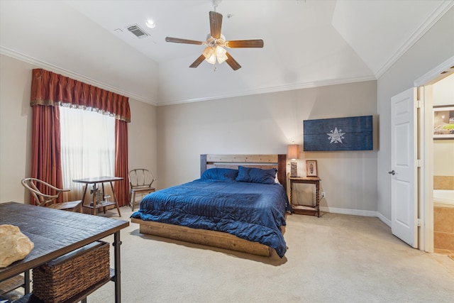 bedroom featuring ceiling fan, ensuite bathroom, carpet flooring, crown molding, and vaulted ceiling