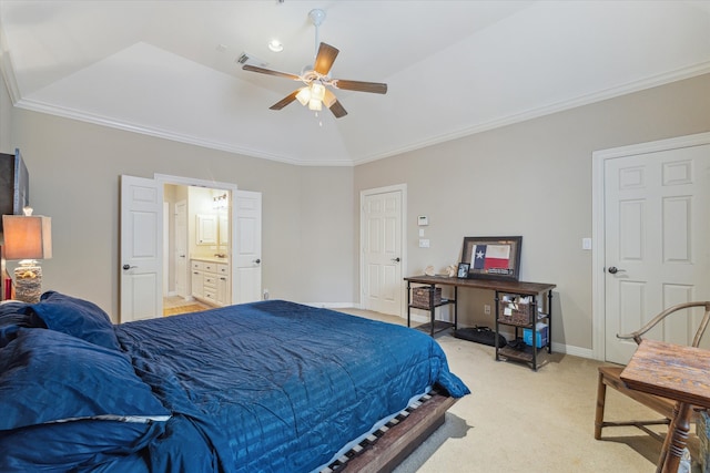 bedroom featuring crown molding, connected bathroom, light carpet, and ceiling fan