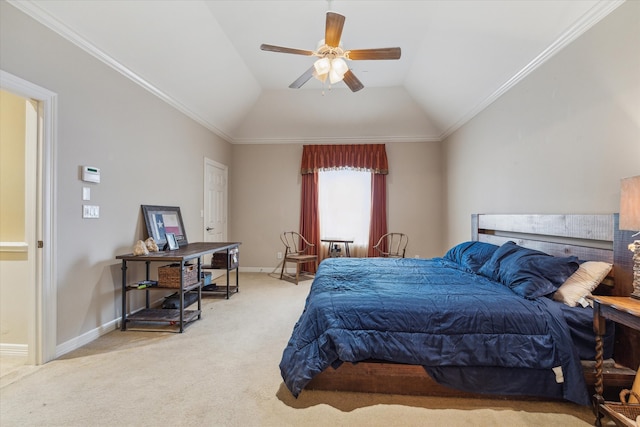 bedroom featuring crown molding, carpet, ceiling fan, and lofted ceiling