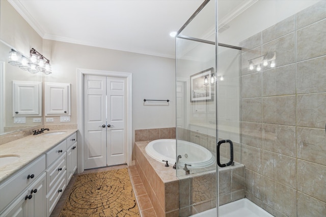 bathroom featuring ornamental molding, shower with separate bathtub, tile floors, and dual bowl vanity