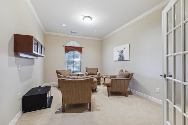 living area featuring crown molding and carpet flooring