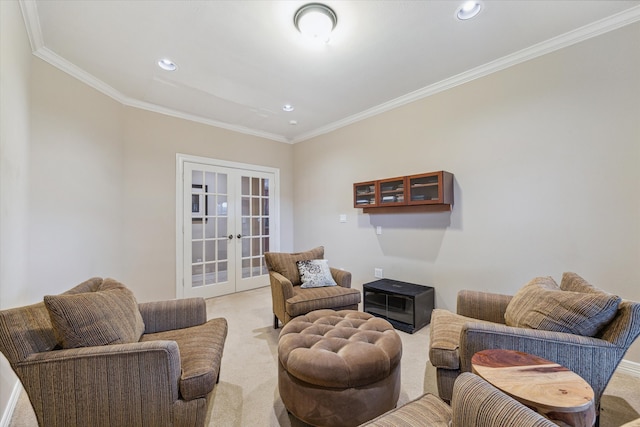 carpeted living room with french doors and crown molding