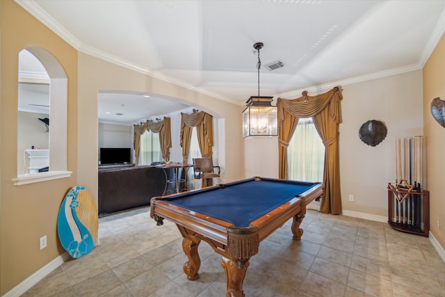 rec room featuring light tile floors, a wealth of natural light, and pool table