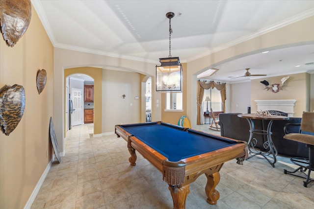 rec room featuring ceiling fan, light tile flooring, crown molding, and billiards