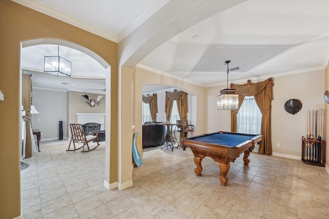 playroom featuring plenty of natural light, billiards, and light tile floors