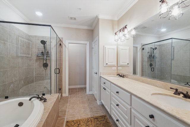 bathroom featuring dual sinks, tile flooring, independent shower and bath, and vanity with extensive cabinet space