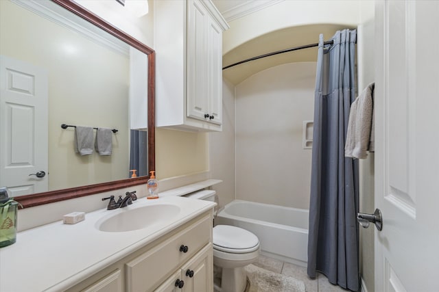 full bathroom with tile flooring, large vanity, shower / tub combo, toilet, and ornamental molding