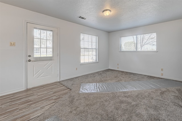 spare room featuring light colored carpet and a textured ceiling