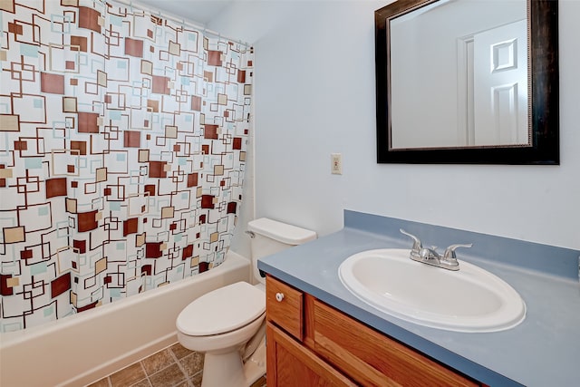 full bathroom featuring shower / bathtub combination with curtain, toilet, tile flooring, and vanity