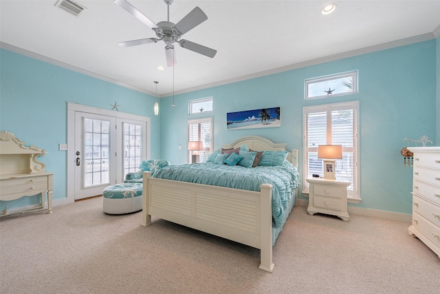 bedroom with visible vents, ornamental molding, light carpet, access to outside, and baseboards